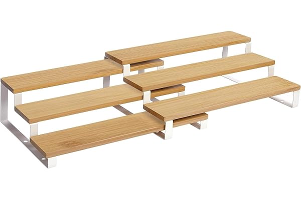 SONGMICS Bambu kryddhyllor, set med 2 kryddställ i 3 nivåer, expanderbar kryddhållare för garderob, bänkskiva, kök, badrum, träig och vit KCS016N02