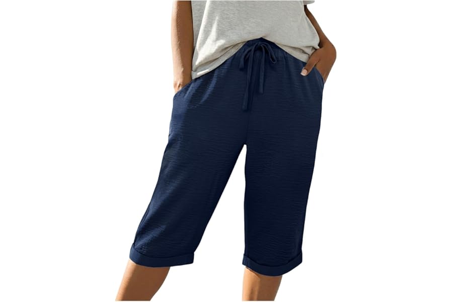 IWOLLENCE Ladies Shorts Knee Length Long Capri Womens Summer Drawstring Casual Pants with Pockets Fixed Cuffed Hem Elastic Waistband