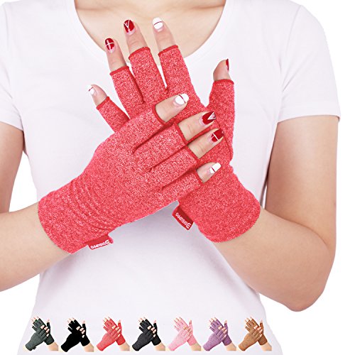 DISUPPO Arthritis Gloves Women and Men Relieve Pain from Rheumatoid, RSI,Carpal Tunnel, Compression Gloves Fingerless for Computer Typing , Dailywork, Hands And Joints pain relief (Red, Medium)