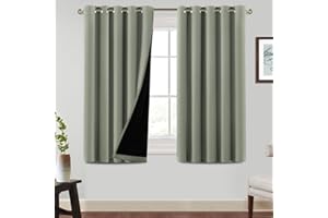BellaHills 100% Blackout Curtains for Bedroom Thermal Insulated Blackout Curtain Heat and Full Light Blocking Eyelet Curtains for Living Room with Black Liner 2 Panels, 66 x 54 Inch, Light Sage