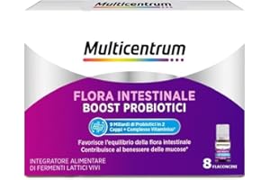 Multicentrum Flora Intestinale Boost Probiotici, Integratore Alimentare di Fermenti Lattici Vivi e Complesso Vitaminico Formulato per il Benessere dell'Intestino, 8 Flaconcini