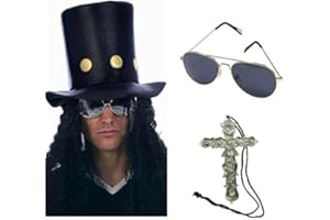 BLUE PLANET FANCY DRESS Heavy Metal Rocker Hat with Wig Sunglasses Cross Necklace 1980s 80s Mens Rock Fancy Dress Costume for Men