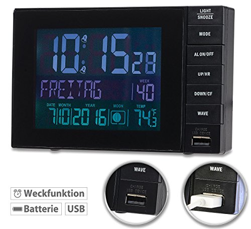 infactory Funkwecker mit Temperatur-Anzeige, USB-Ladestation (2 A), 2 Weckzeiten - 2