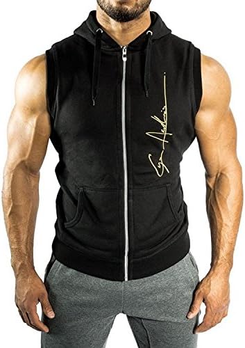 Azyuan Men's Sleeveless Athletic Zipper Hoodie Gym Lifting Workout Tops L Black