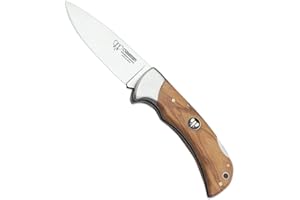 CUDEMAN ALBACETE Navaja Cudeman 323-LF hoja de acero ACX-380 de 9,5 cm y empuñadura de olivo satinado de 11,5 cm con funda de cuero para Caza, Pesca, Supervivencia y bushcraft + Portabotellas Regalo