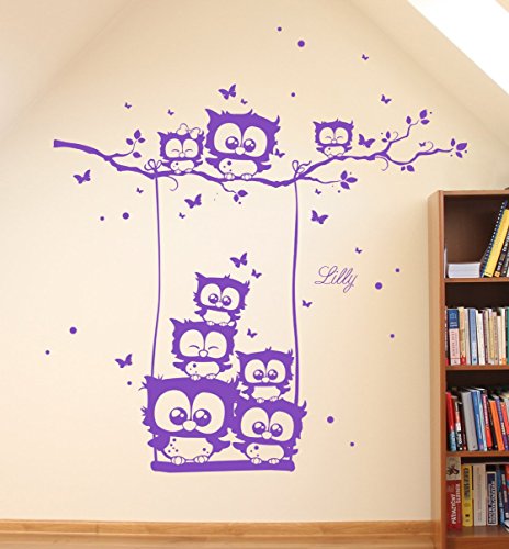 ilka parey wandtattoo-welt® Wandtattoo Wandsticker Eulenwandtattoo Eulen auf Schaukel Eulenbaum Eule mit Wunschnamen Schmetterlingen und Punkten Aufkleber Sticker M1577 – ausgewählte Farbe: *Schokobraun* ausgewählte Größe: *L 100cm breit x 100cm hoch - 4