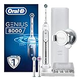 Oral-B Genius 8000 CrossAction Electric Toothbrush, 1 Silver App Connected Handle, 5 Modes with Sensitive and Gum Care, Pressure Sensor, 3 Toothbrush Heads, Standard Travel Case, 2 Pin UK Plug