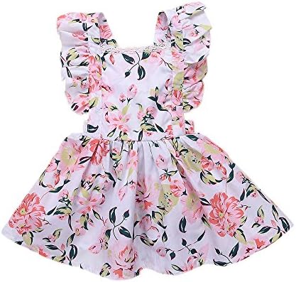 Cyond for 12 Months-5 Years Old, Child Toddler Baby Girls Dresses Sleeveless Lace Ruched Dress Pink Floral Print Mini Sundress Outfits (Pink, 2-3 Years Old)