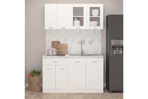 Emmtore Juego de Muebles de Cocina 4 Piezas Comedor Mobiliario Armario Estante Almacenaje Microondas Fregadero Lavavajilla Madera Contrachapada Blanco