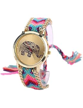 Sannysis Elephant Pattern Gewebte Seil Band-Armband-Quarz Zifferblatt Light Blue + Pink