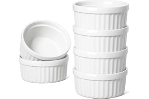 LE TAUCI Cocotte Monoporzione da Forno, 6 X 120 ml Creme Brulee e Soufflé, Pirottini in Ceramica Impilabili per Forno, Cottura, Salse, Crema, Gelato, Set di 6, Bianco