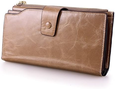 VANCOO Women's Large Capacity Luxury Wax Genuine Leather Wallet With Zipper Pocket (high grade package) (Apricot)