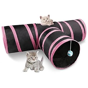 TOOGOO Tunel de gato de 3 maneras Juego de gato plegable para mascotas Tunel con Bola que suena, Tubo de diversion espacioso para Gato Perrito Gatito Azul + Negro