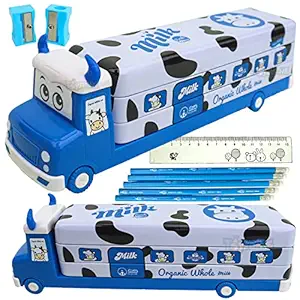 Toyshine Milk Truck Metal Pencil Box with Moving Tyres, Sharpners and Pencils Included for Kids - Blue