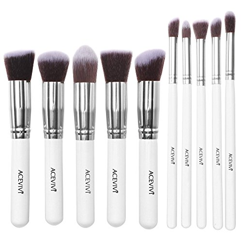 ACEVIVI Professional 10pcs Premium Synthetic Kabuki Makeup Brush Set Foundation Blending Cosmetic Brushes Essential Kit