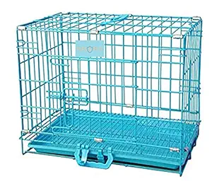 Pups&Pets Single Door Folding Metal cage with Removable Tray and paw Protector for Dogs, Cats and Rabbits 18 inch - (Sky Blue)