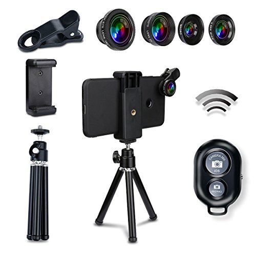 AFAITH Kit per obiettivi Smartphone, telecomando Bluetooth + mini treppiedi + occhiali da pesca + obiettivo grandangolare + macro + obiettivo telecamera 2X per iPhone 7 / 6S / 6 - PA073