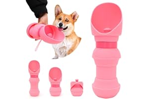 LISVEORY Hundetrinkflasche für unterwegs 550ml, Leichtes Gewicht Auslaufsicher Tragbar Zusammenklappbar, Tragbare Haustier Wasserflasche, Hunde Wasserspender Reise Zubehör für Wandern und Campen. (Rosa)