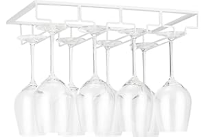 FOMANSH Soporte para copas de vino, para debajo del mueble, organizador de metal para bar o cocina, 4 filas, Marrón y blanco