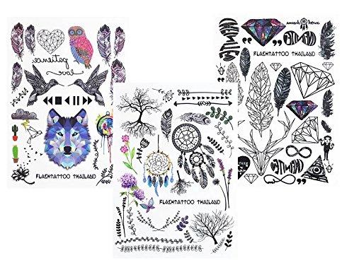 GRAFISCHE TATTOOS LINIEN TATTOOS 3 Stück SET FAKE TATTOOS FLASH TATTOO WOLF VÖGEL FEDER TRAUMFÄNGER BÄUME BLUMEN