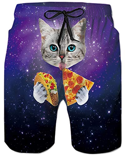 Goodstoworld Herren Beach Shorts 3D Bunte Pizza Katze Tier Grafik Badehose Hässliche Lustige Strand Shorts Laufende Schwimmen Beiläufige Kurze mit Einstellbare Kordelzug XL