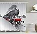 Produktbild VVIANS Steam Engine Shower Curtain Set, Locomotive Red Black Train with Headlights on Steel Railway Track Graphic Print, Fabric Bathroom Decor with Hooks, 60 * 72 Inch, Red Grey