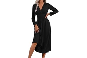 LIAMERHE Robe Hiver/Été Femme Élégante Col en V Manches Longues/Courtes Robes Casual Solide Taille Haute Ligne A Robe Longue Dress de Mariage Décontractée
