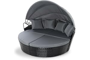 EVRE Bali 3 Piece Modular Round Rattan Wicker Patio Garden Furniture Daybed Sun Lounger Set with Extendable Canopy and Conversation Seat Cushions (Black)