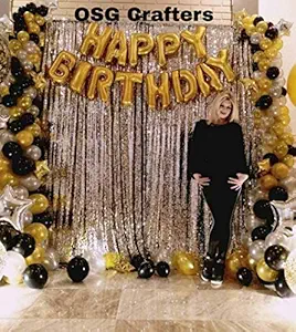 OSG Crafters Happy Birthday Letter Foil Balloon Set of Gold + 2 Pieces Silver Fringe Curtain (3 X 6 Feet) + Pack of 60 Pieces Metallic Balloons (Black, Gold and Silver)