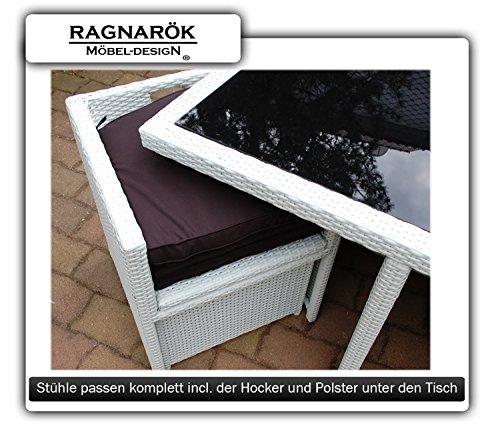 Gartenmöbel PolyRattan Essgruppe Tisch mit 4 x Stuhl & 4 Hocker DEUTSCHE MARKE -- EIGNENE PRODUKTION Garten Möbel incl. Glas und Sitzkissen Ragnarök-Möbeldesign