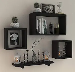 Apogee Wall Shelves for Living Room Floating Shelf Home Decor Wall Mounted Bookcase Wooden Display Racks Bedroom Kitchen Walls Storage Unit Set of 4 (Black)