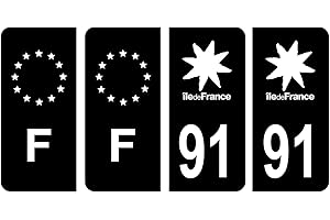 HADEXIA Lot 4 Autocollants Plaque immatriculation département 91 Essonne Région Ile-de-France Noir & F France Europe