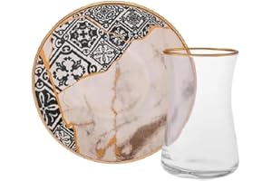 Karaca Aris - Set da tè turco per 6 persone, 12 tazze da tè turco e piattini, set di bicchieri da tè turco con dettagli dorati da 150 ml