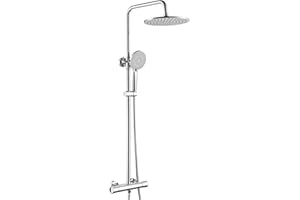 Auralum Colonne de Douche avec Mitigeur Thermostatique, Ensemble de Douche avec Douche de Têtee en ABS Φ25cm, Douchette à 3 Modes, Barre de Douche Extensible, Chromé