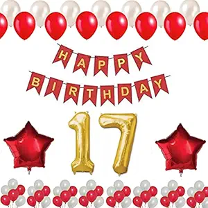 PERFECT PARTY Happy Birthday Balloons Decoration Kit Set for Boys Girls Birthday Decoration Items 55 Pcs Combo Pack - Happy Birthday Banner, 2 Red Foil Star, 17 Number Foil Golden Color, red White Metallic Balloons