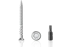 everlar® Premium Vis pour terrasses 5x50 en acier inoxydable I 200 pcs. + embout I AISI410 C1 I TX25 I Vis pour terrasses etc. I TORX, nervures de fraisage, pointe coupée, encoche, tête fraisée