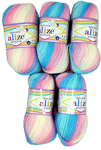 5 x 100g Babywolle Bebe Batik blau rosa weiß Nr. 2604, 500 Gramm Wolle zum Stricken und Häkeln