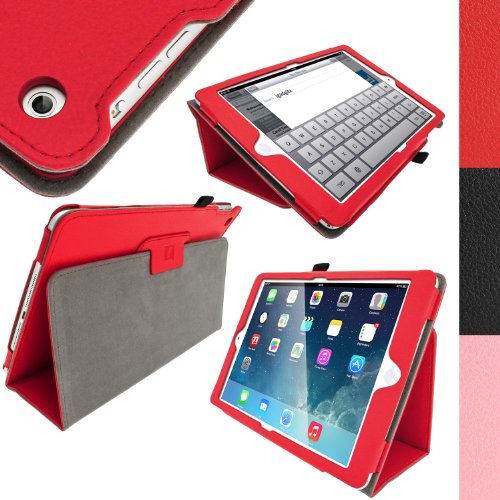 igadgitz Rot PU Ledertasche Hülle Folie für Apple iPad Air 2013 Mit Multi-Winkel Betrachtungs-stand + Auto Sleep/Wake + Displayschutzfolie