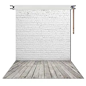 HUAYI 5X7ft White Brick Wall with Gray Wooden Floor Photography Vinyl Backdrop D-2504