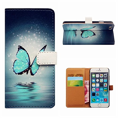 MUTOUREN iPhone SE 5 5S Brieftasche Flip Case Cover – PU Leder Bookstyle Klapphülle Wallet Case für iPhone SE 5 5S Portemonnaie Hülle Schutz Ultra Dünn Handy Tasche Geldboerse Schutzhülle – Blau Schmetterling + Metall Stylus Pen - 2