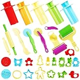Nuestro gran juego de herramientas para plastilina contiene una amplia selección de 6 herramientas para arcilla de colores - rojo, amarillo, azul, verde - 1 rodillo, 1 rueda grande, 1 placa ondulada, 1 placa lineal, 1 cuchillo para arcilla de colores grande, 5 tubos para arcilla de colores, 19 impresiones para arcilla de colores de varios tamaños, 1 cortador y 1 rueda pequeña.
