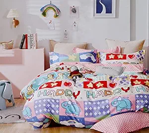 Fablicious Cartoon Bedsheet for Kids Double Bed Dream Big Happy Print Design- Bed Sheet Size 90 x 100 Inch with 2 Pillow Covers