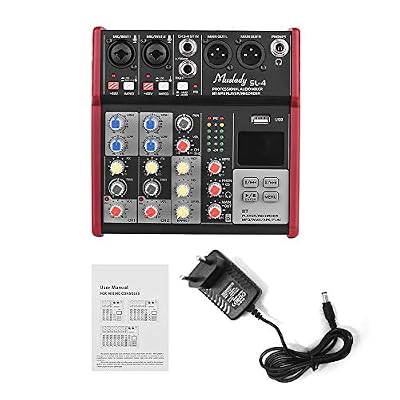 Muslady SL-4 Console de mixage 4 canaux taille compacte EQ 2 bandes Alimentation fantôme 48V intégrée Prise en charge du lecteur MP3 USB BT Connection pour enregistrer DJ Network Karaoke en direct