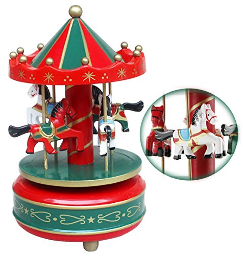 BXT Merry Go Round Music Box Wooden Carousel Multi-Colored 4-Horse Animated Figurine Desktop Playset Awesome Kids Xmas Birthday Presents