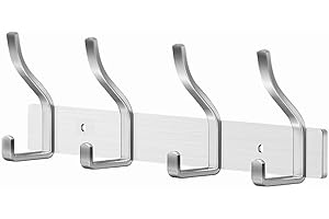MEIJO Coat Hooks Wall Mounted Stainless Steel, Silver Coat Rack Wall Mounted with 4 Hooks Heavy Duty Coat Hooks for Door, Bathroom, Bedroom, Kitchen (Silver, 4 Hooks)