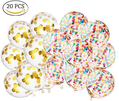 BUWANT Confetti Balloons 12 Inches 20 Pieces for Party Decorations,10 pcs gold and 10 pcs Colorful