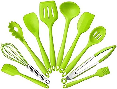 Ecrazybaby888 10-Piece Silicone Kitchen Tool Set, Cooking Utensils Set with Hygienic Solid Coating, Non-toxic, Non-Stick, Heat Resistant, Easy To Clean (Green)