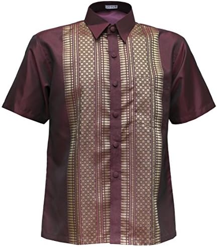 Men's Shirt Short Sleeve Thai Silk Traditional Straight Collar Brown (XXL)
