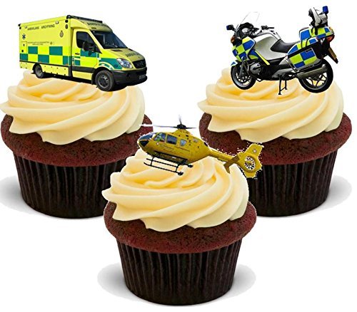 Preisvergleich Produktbild Police Ambulanz Hubschrauber Motorrad Mix - Witzige Neuheit PREMIUM AUFRECHTSTÄNDER Essbare Wafer Papier Kuchen Spitzenwerken Deko