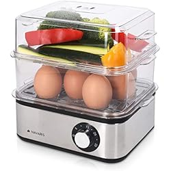 Navaris Cuiseur à Œufs Électrique INOX - Appareil pour 1 à 16 Œufs - Œuf Dur Mollet Poché ou à la Coque - Cuisson Vapeur Légumes Possible